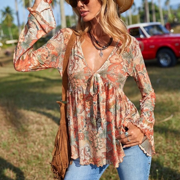 024 Boho Floral Tropical Print Front Tie Bell Sleeve Top - Picture 5 of 7